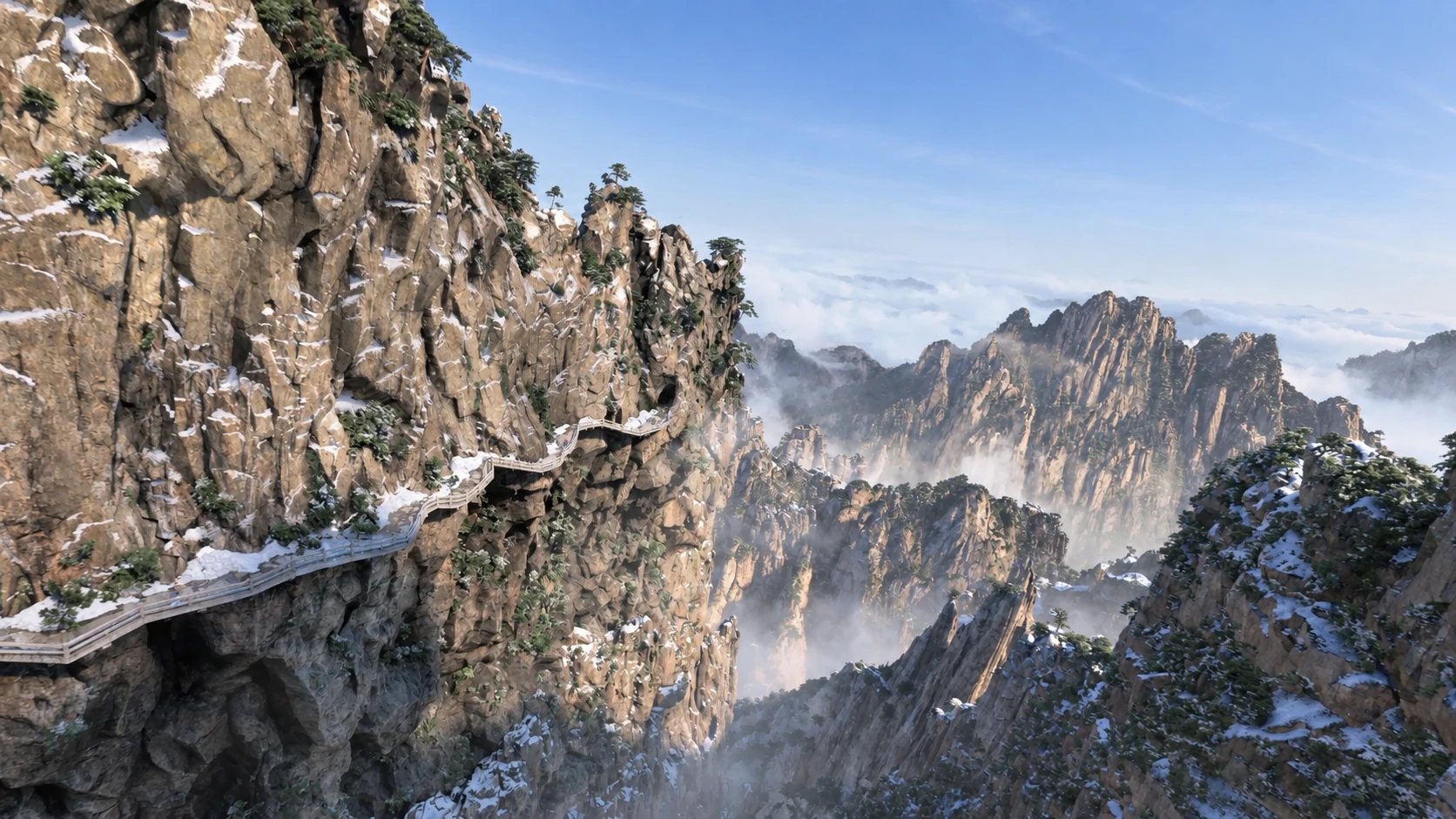 A path tracing a steep mountain cliff — AI-assisted still derived from Tippett Studio’s CG film.