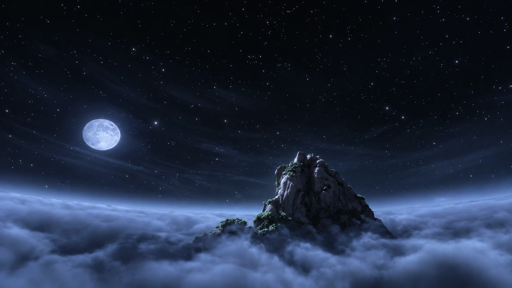 Moonlit mountain peaks rising above clouds — AI-assisted still derived from Tippett Studio’s CG film.