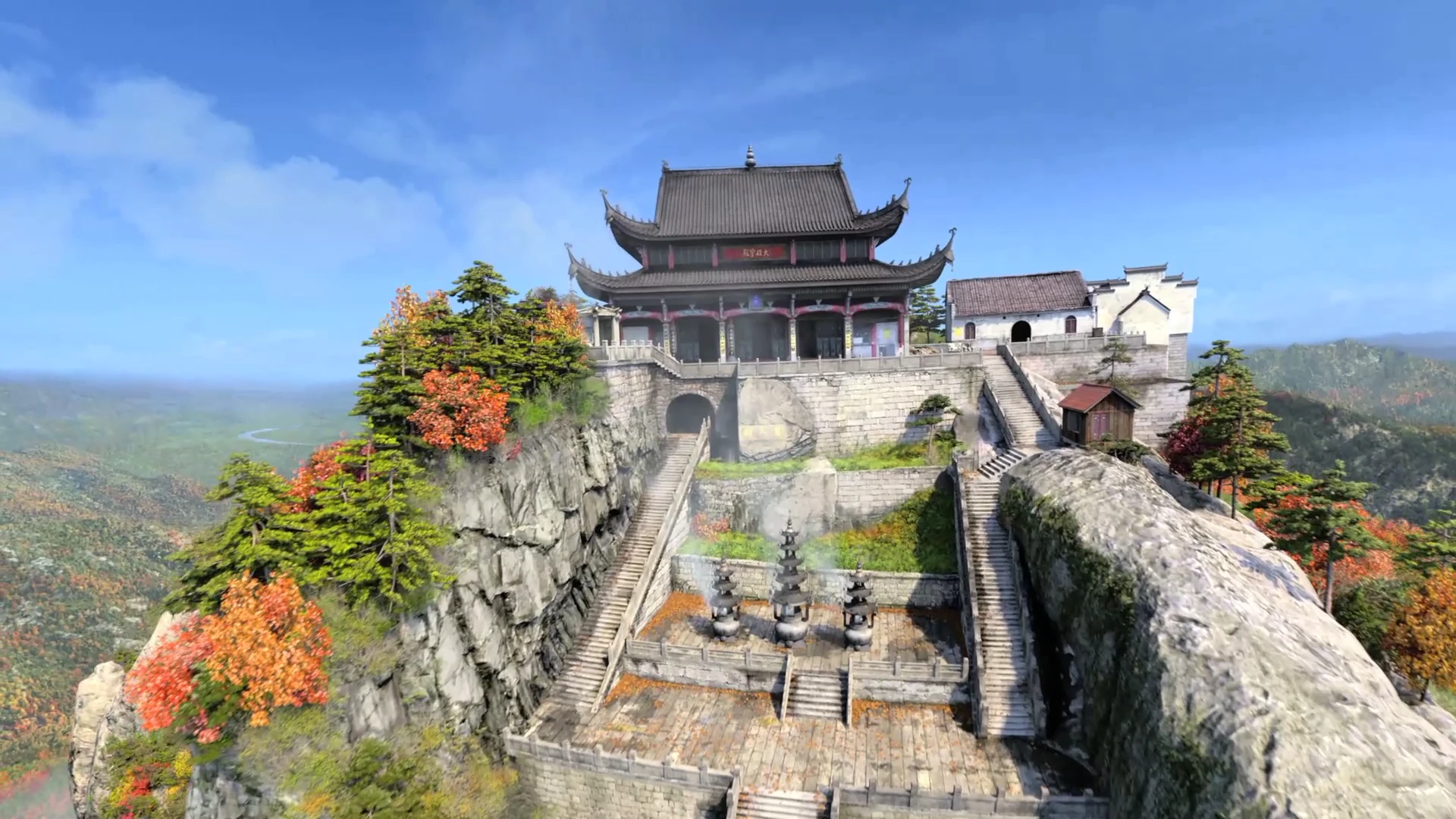 A temple on a rocky summit — original frame from Tippett Studio’s CG film.
