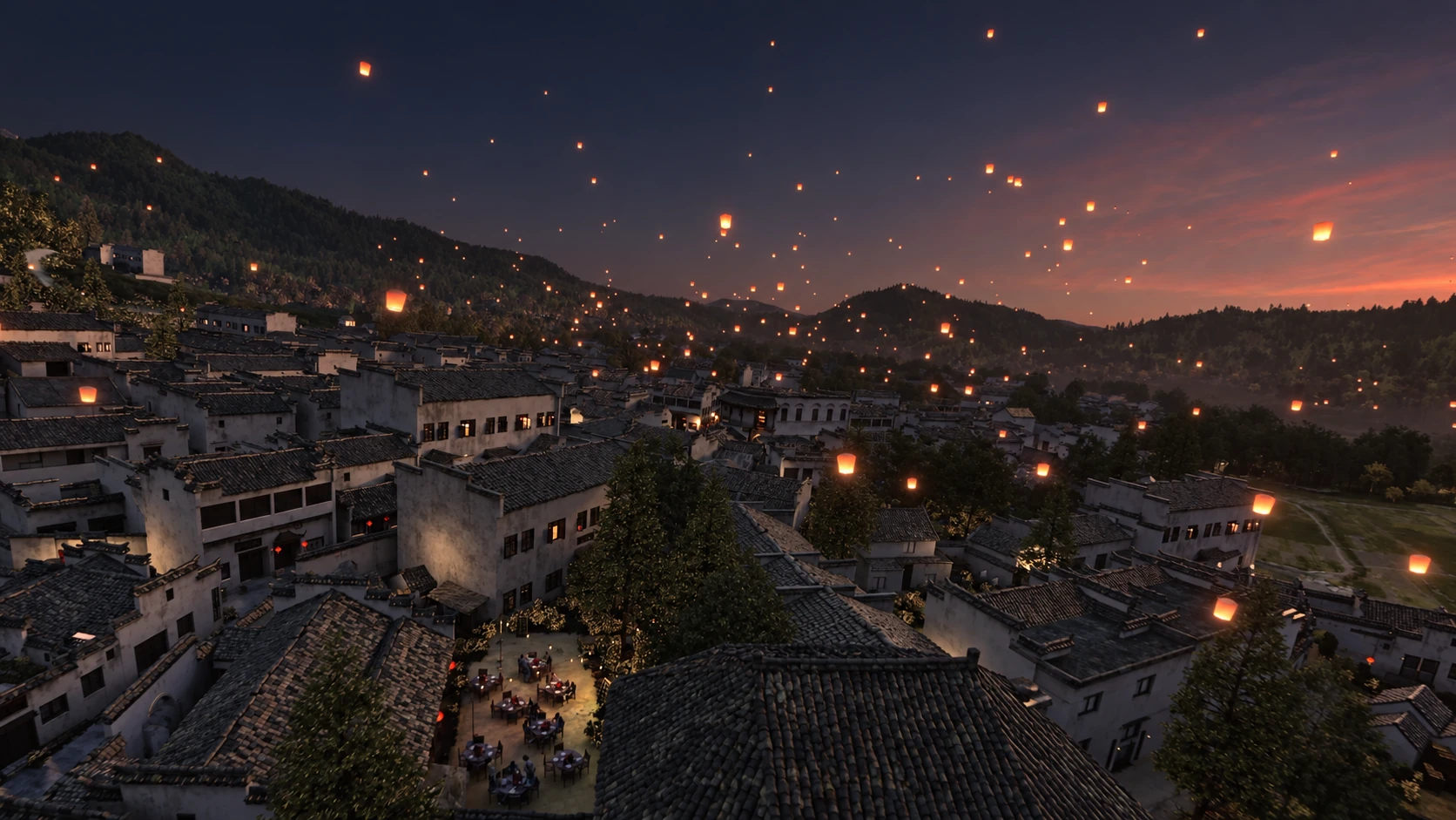 Lanterns glowing above village rooftops at dusk — AI-assisted still derived from Tippett Studio’s CG film.