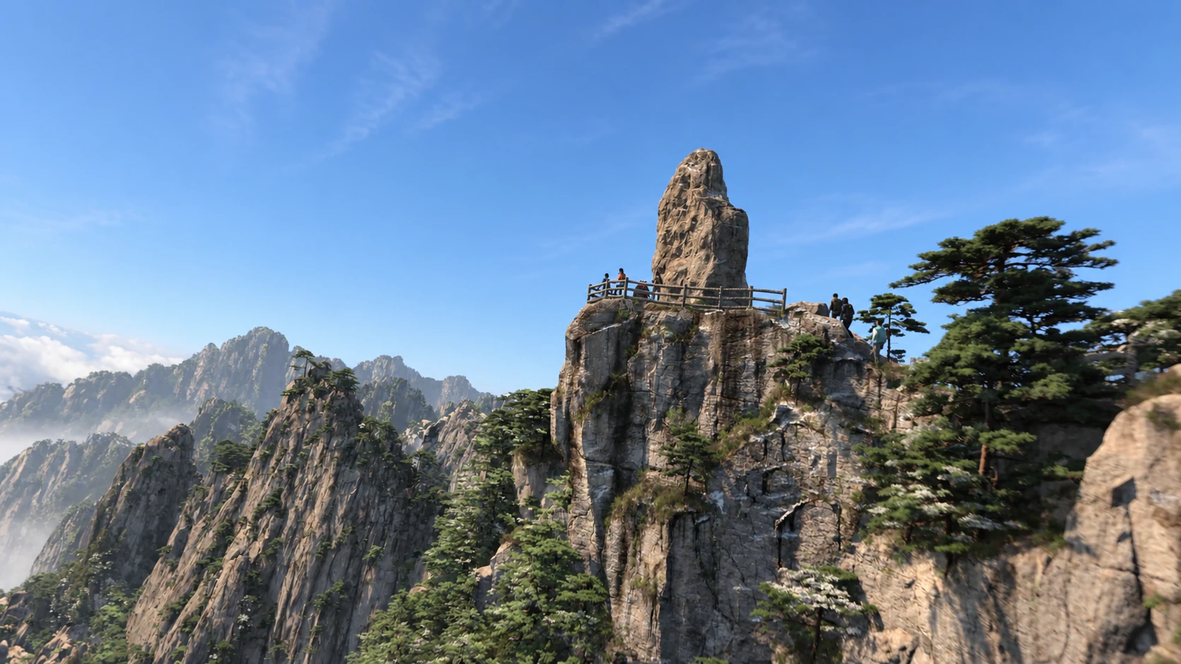 A tall standing rock above a forested mountain landscape — AI-assisted still derived from Tippett Studio’s CG film.