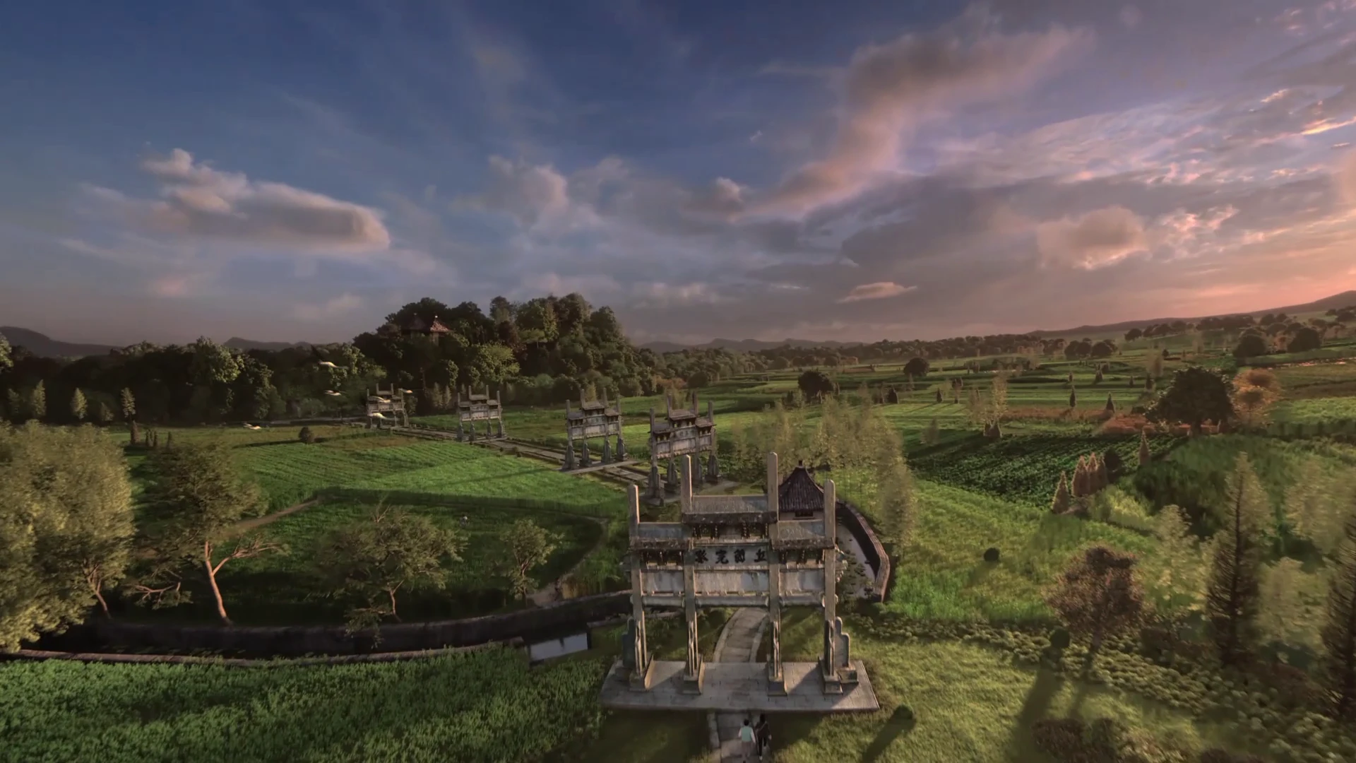 Stone archways crossing green fields at dusk — original frame from Tippett Studio’s CG film.