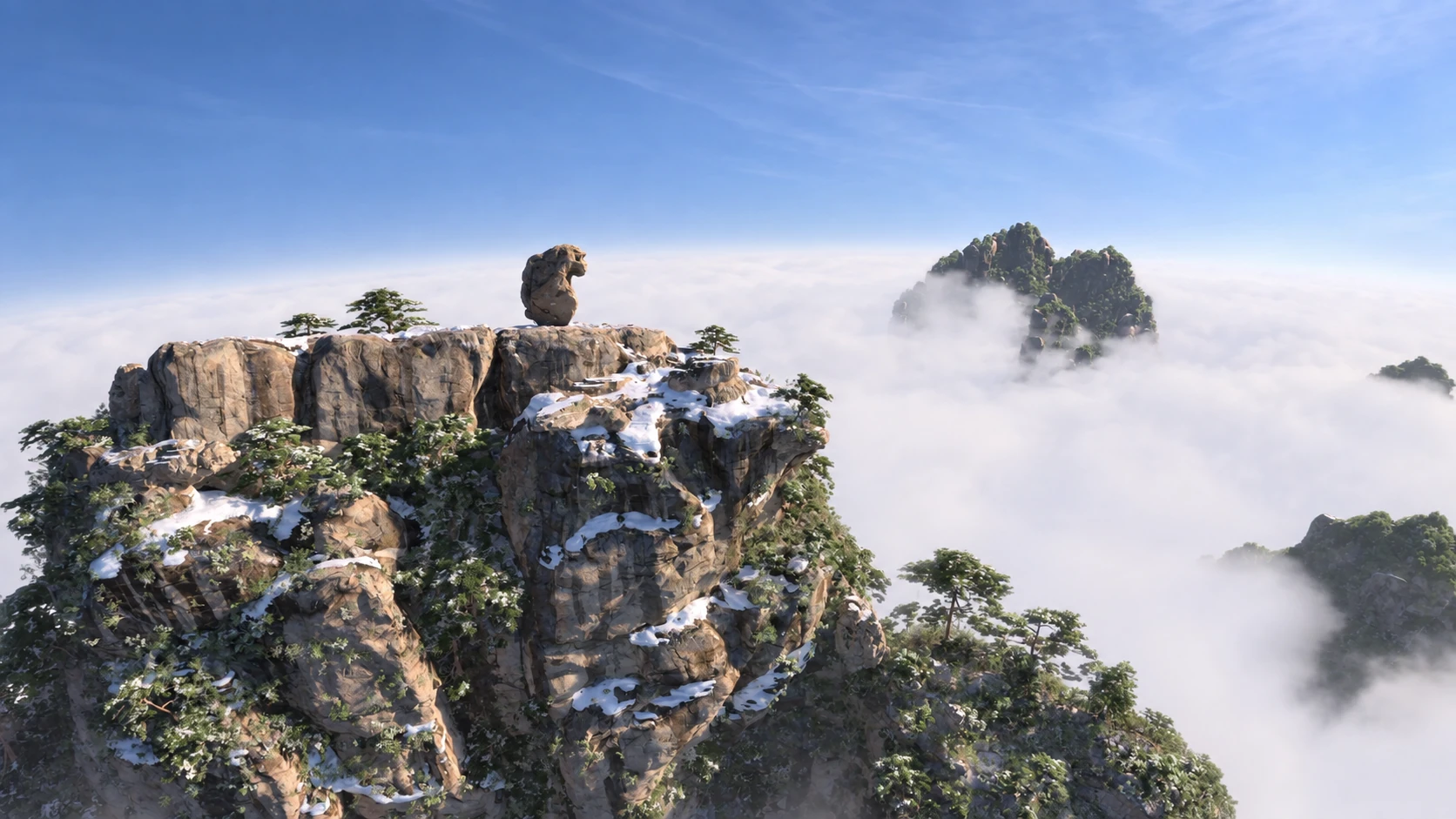 A small upright stone on a snowy summit above clouds — AI-assisted still derived from Tippett Studio’s CG film.