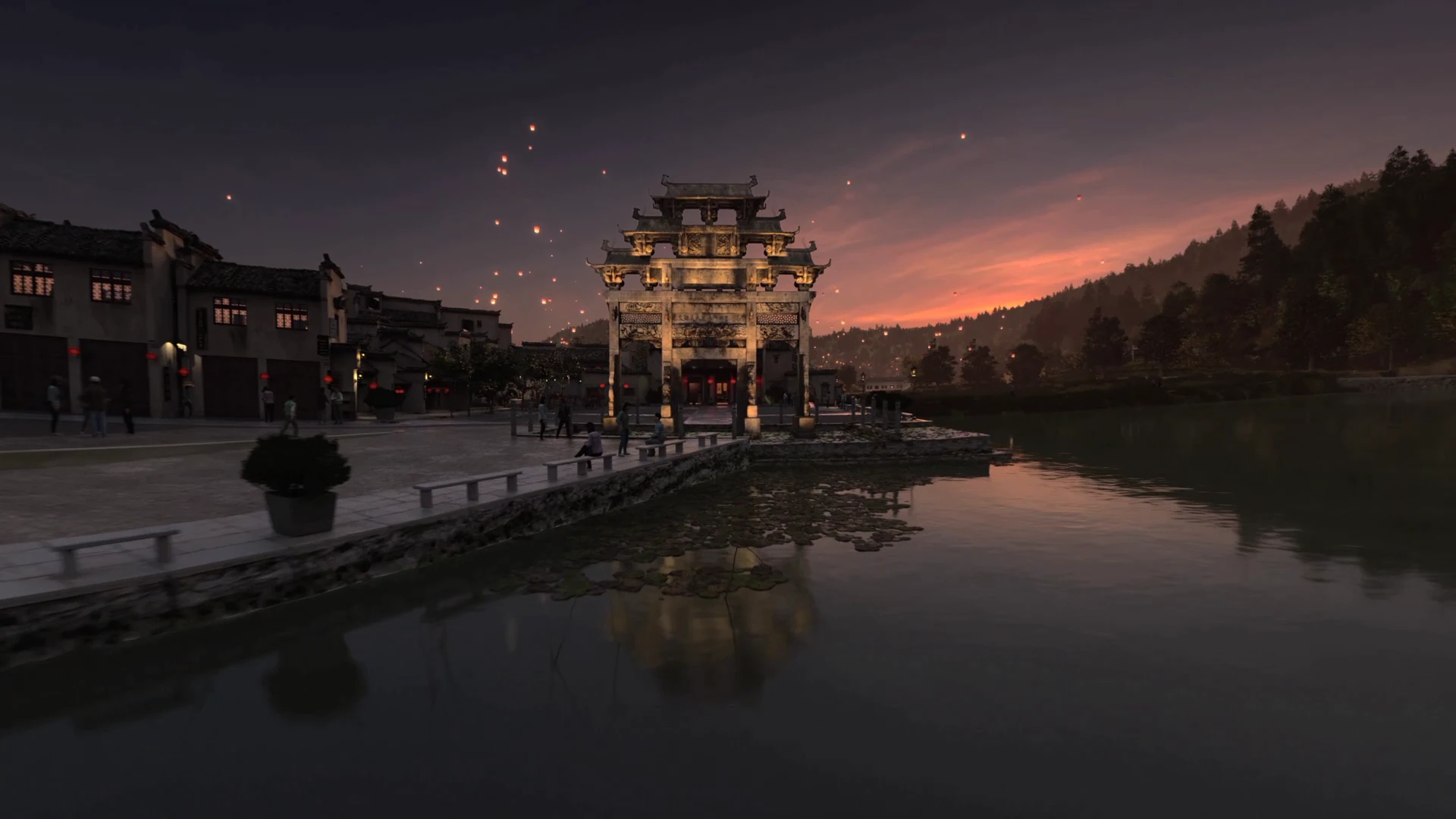 A village gate and lanterns at dusk — original frame from Tippett Studio’s CG film.