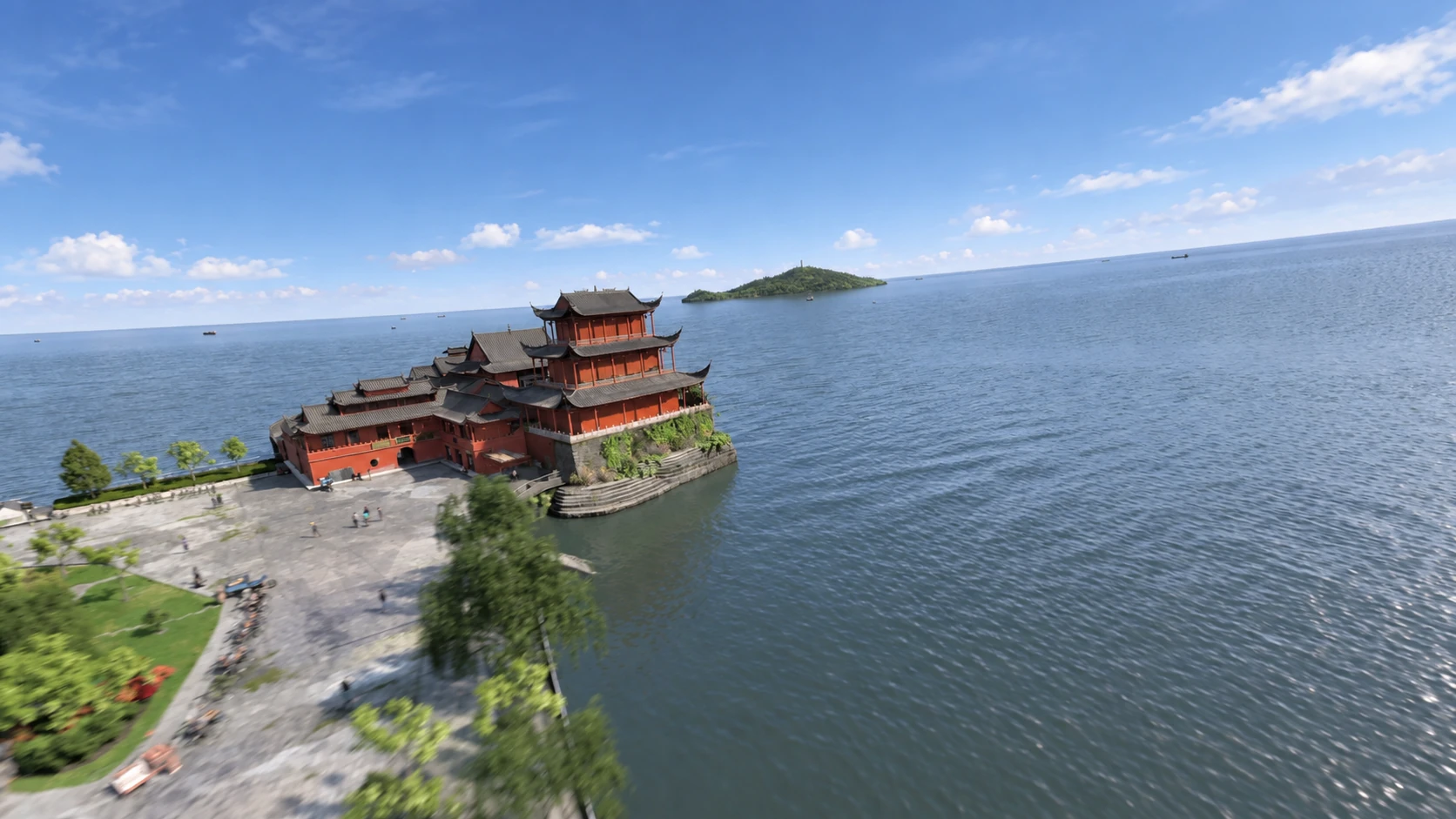 A red pavilion beside water and green mountain slopes — AI-assisted still derived from Tippett Studio’s CG film.