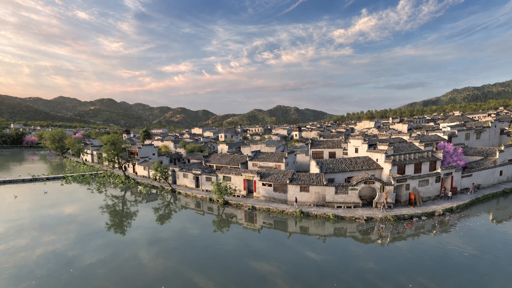 White-walled village buildings reflected in water — AI-assisted still derived from Tippett Studio’s CG film.