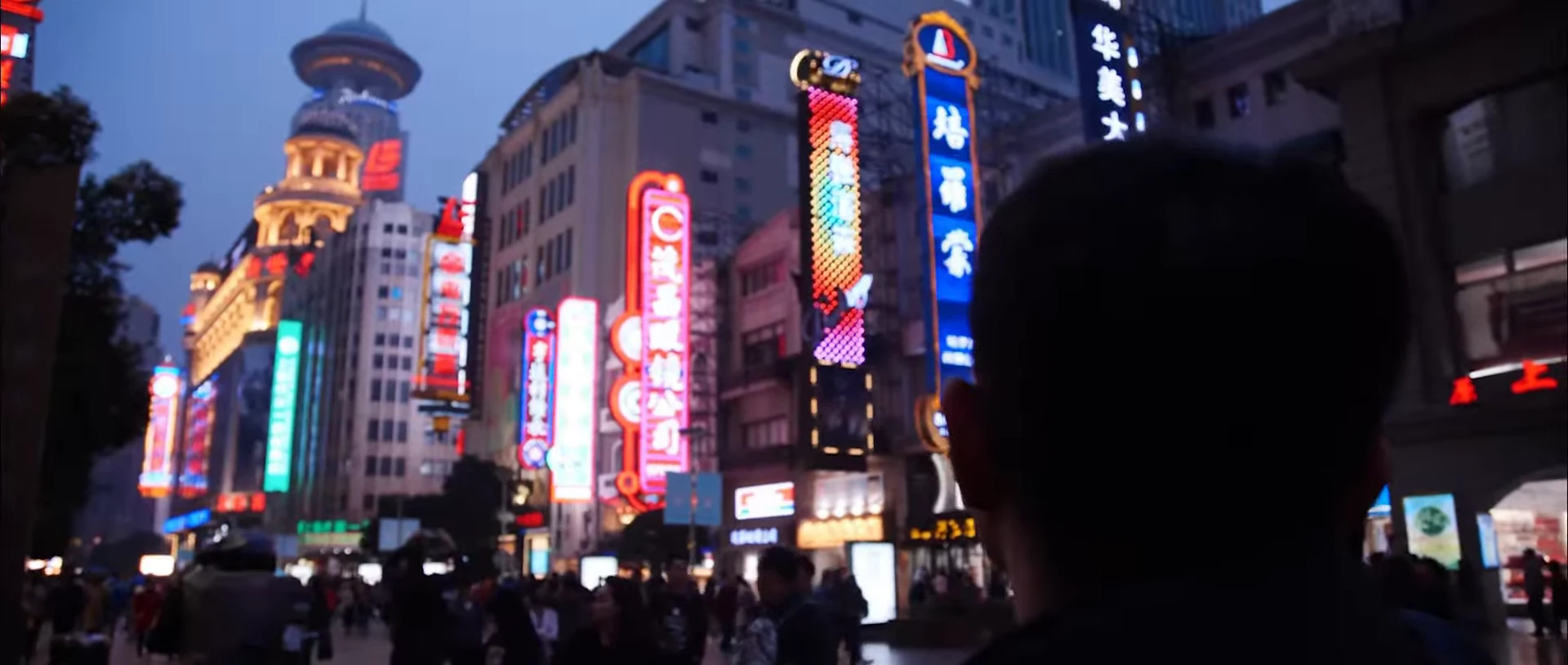 A person seen from behind on a busy city street with illuminated signs.