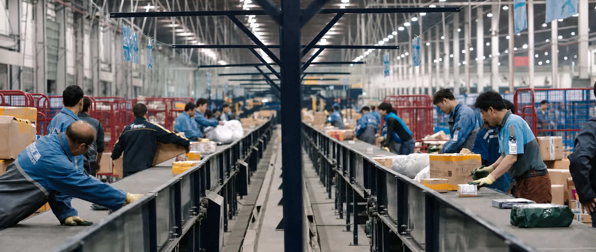 Workers sorting parcels along parallel lines inside a logistics facility.