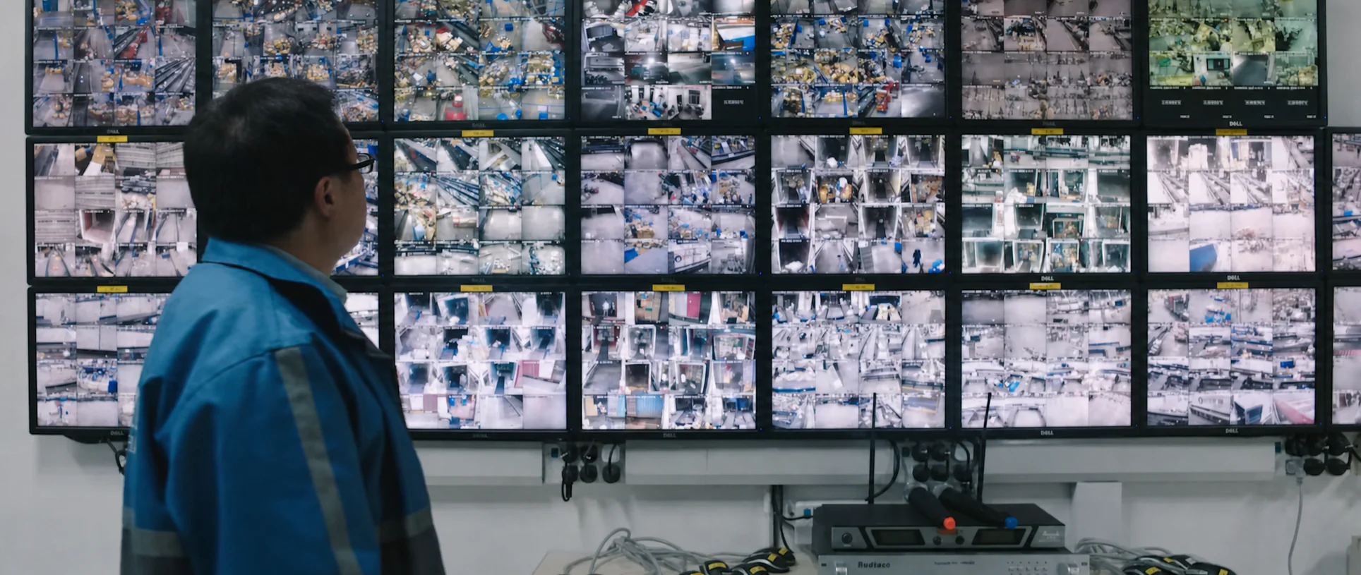 A worker facing a wall of logistics monitoring screens.