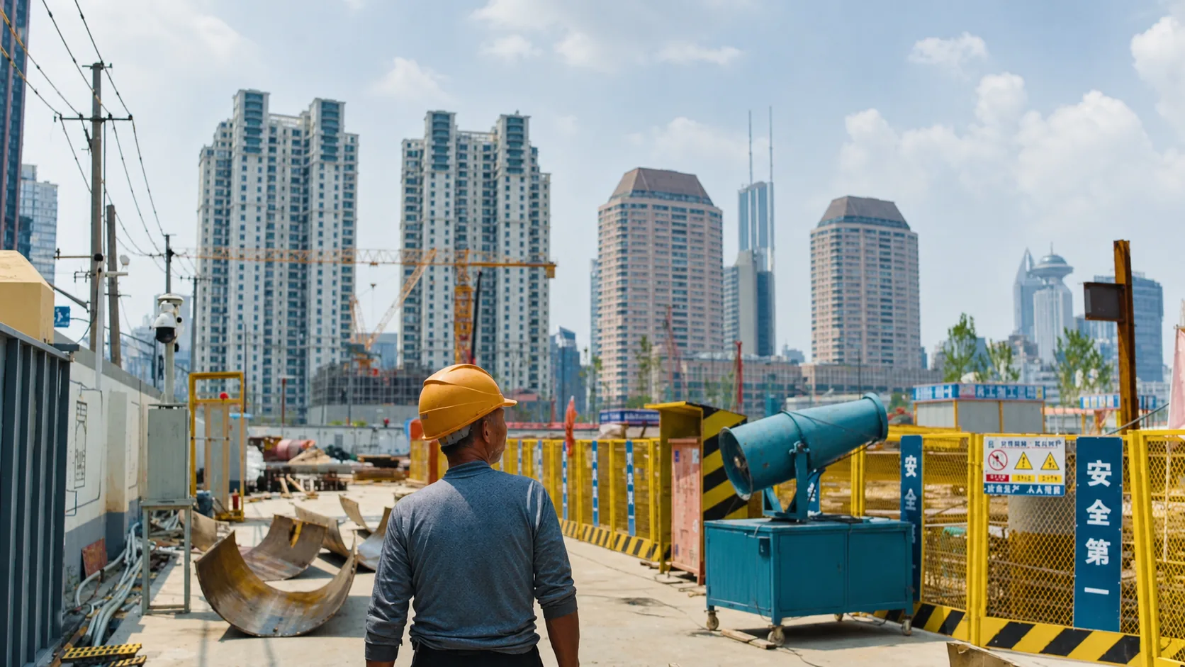 Construction worker viewed from behind among site machinery and Shanghai skyline buildings