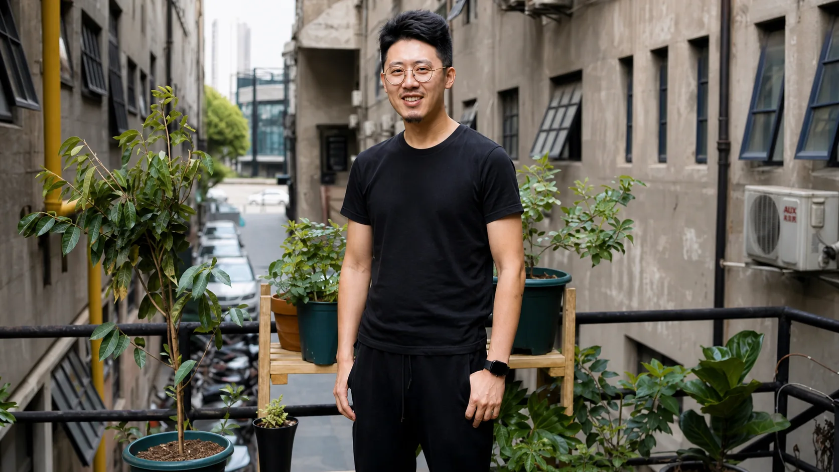 Adult interview participant standing among potted plants on an exterior walkway in Shanghai
