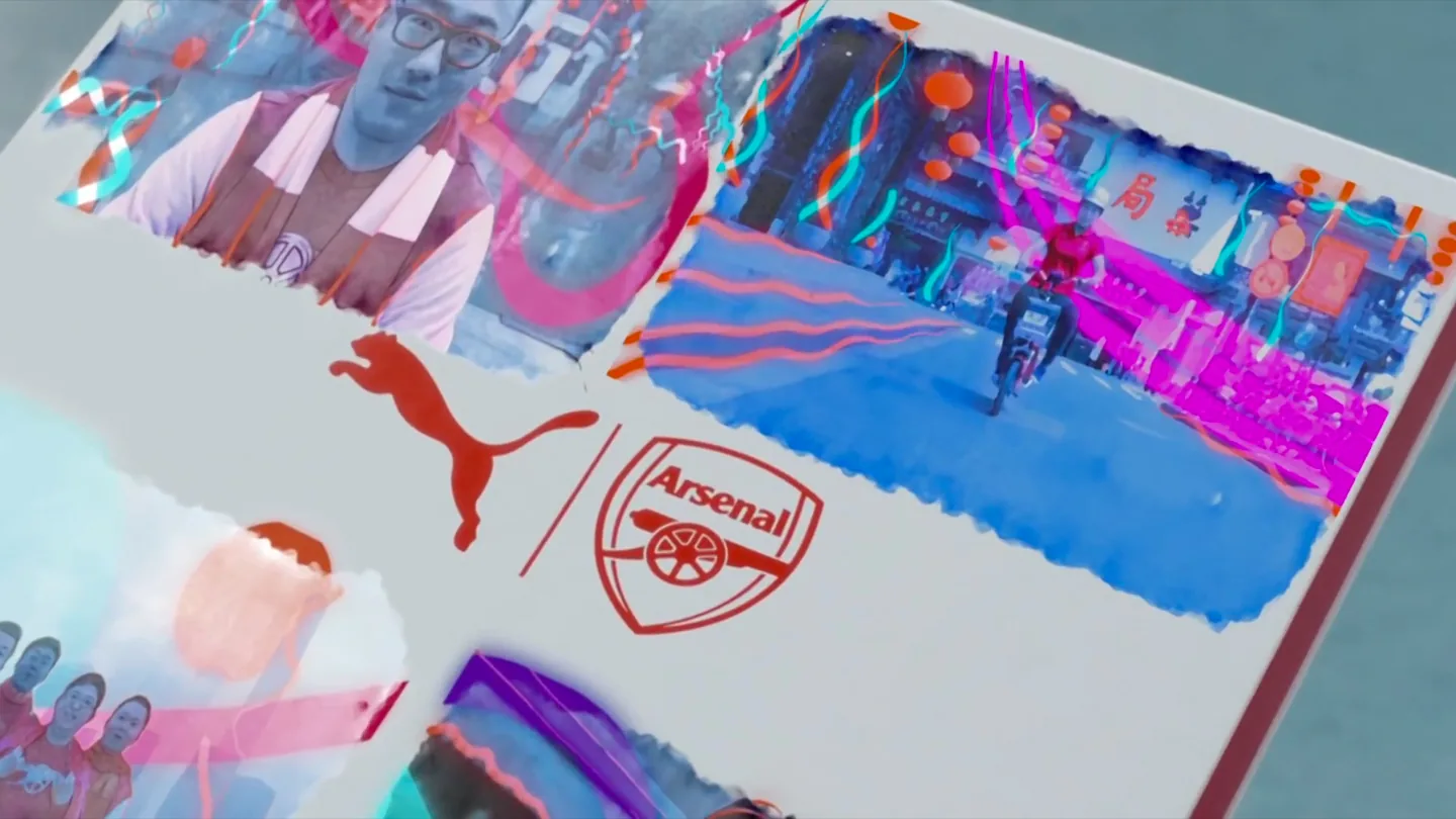 PUMA and Arsenal marks within a watercolor collage of Shanghai supporters and street scenes