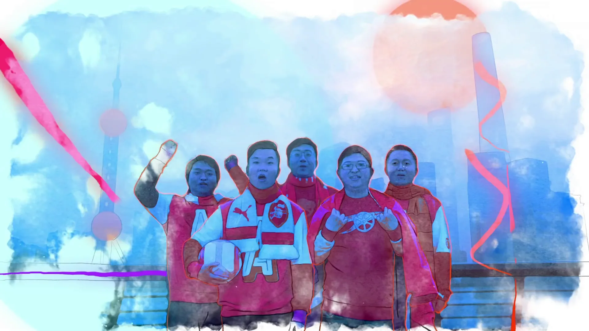Watercolor treatment of five Shanghai Arsenal supporters on the Bund