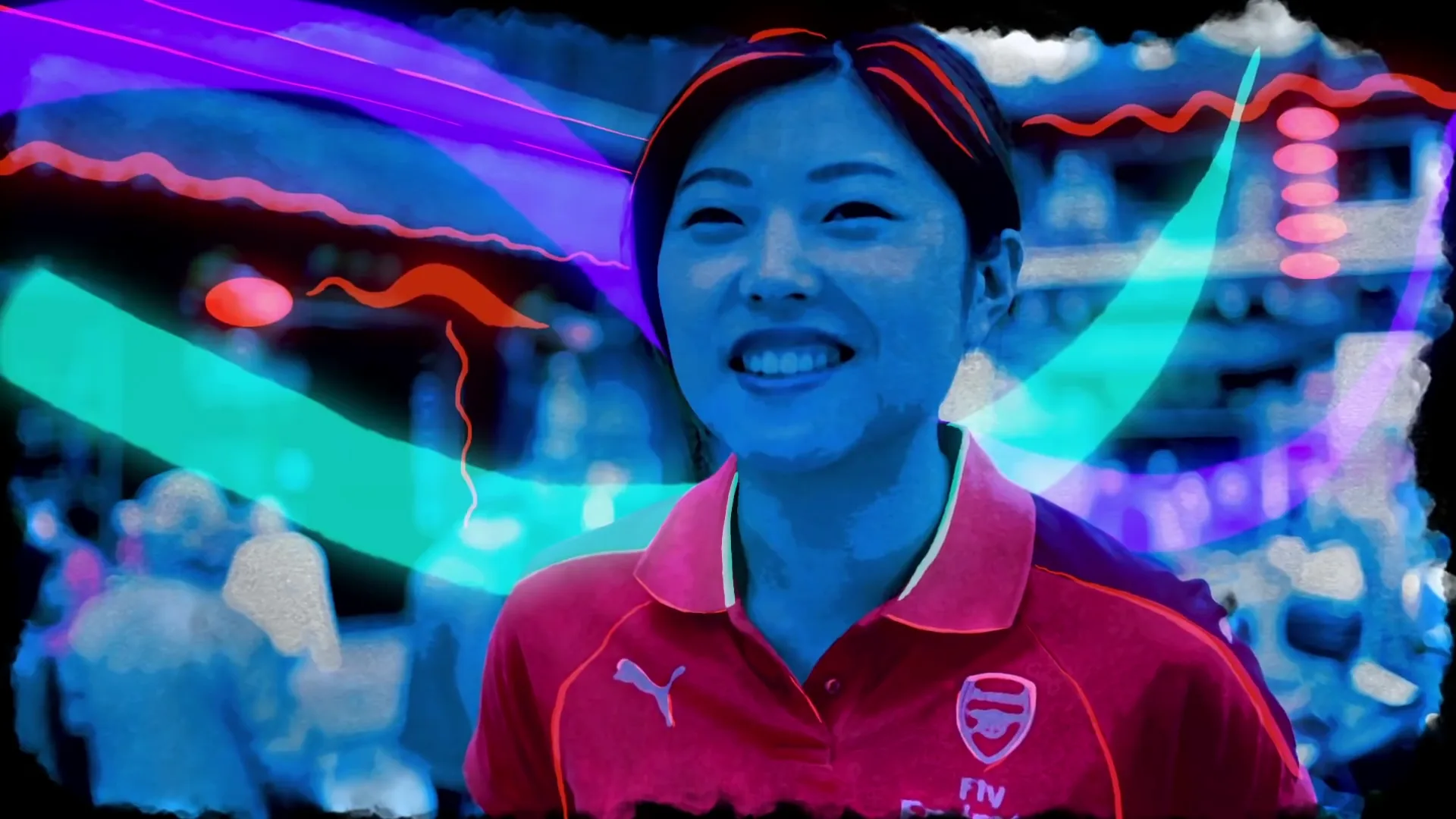 Watercolor treatment of a smiling Shanghai Arsenal supporter in a traditional street