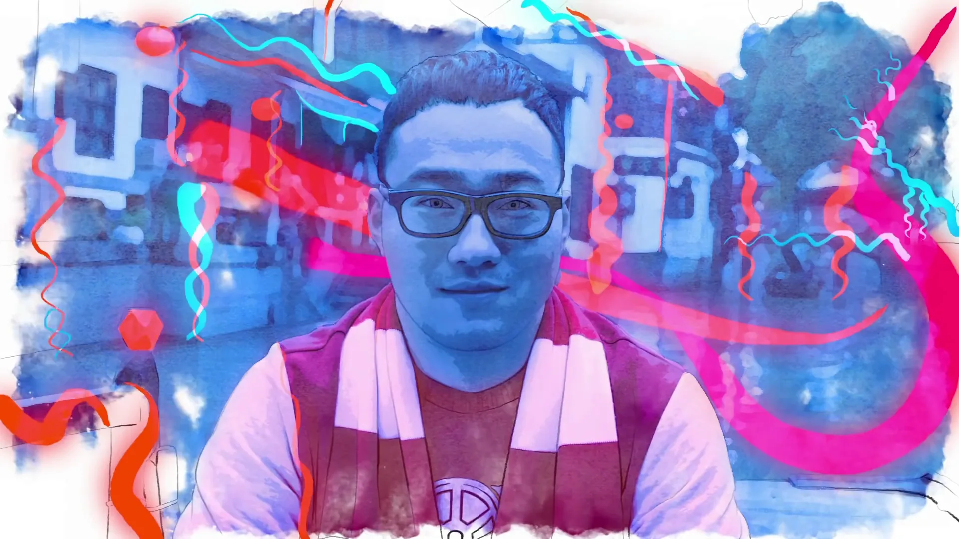 Watercolor portrait of a Shanghai Arsenal supporter wearing glasses and a red-and-white scarf
