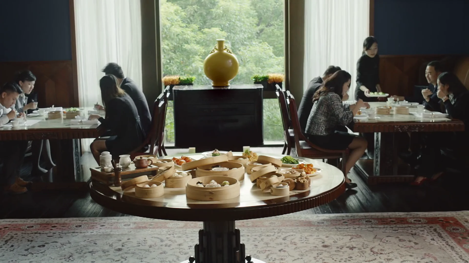 Dining room prepared with dim sum during the Shanghai campaign sequence