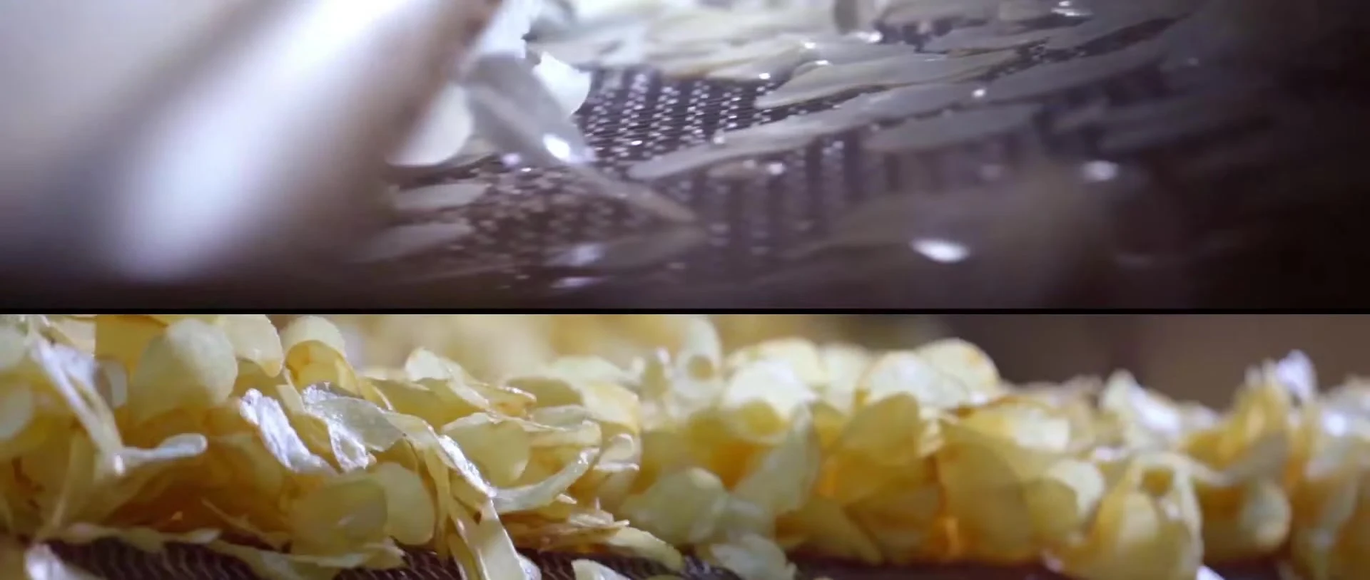 Split-screen views of machinery and potato chips on a processing line.