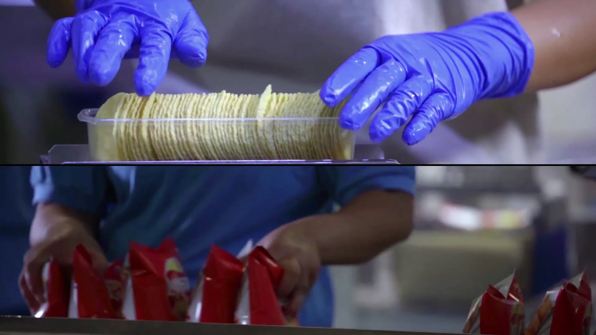 Split-screen views of gloved hands arranging chips and a worker packing snack bags.