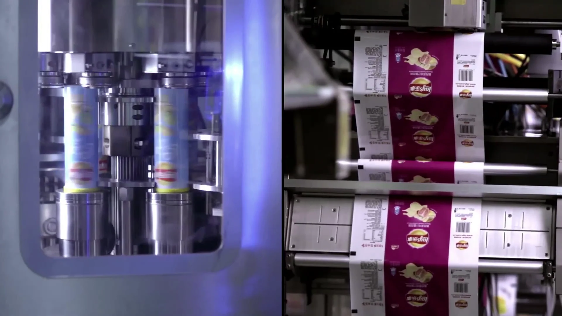 Split-screen views of snack packaging machinery in operation.
