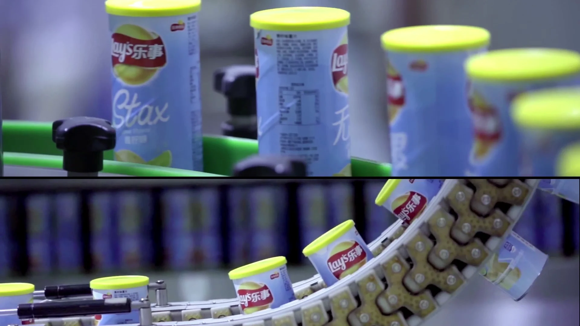 Split-screen views of finished Lay’s Stax containers moving along the packaging line.
