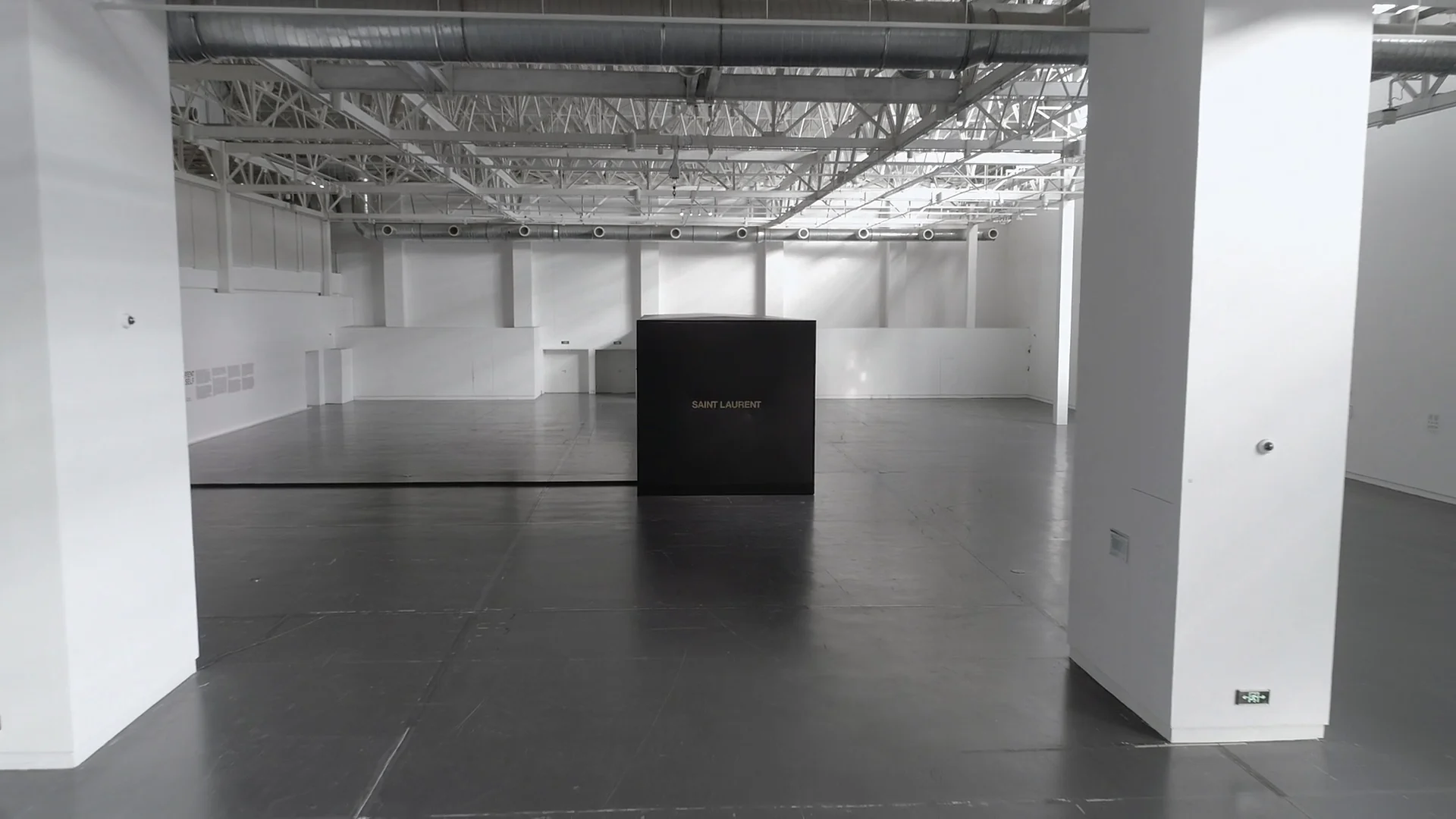 Wide exterior view of the box installation at the museum.