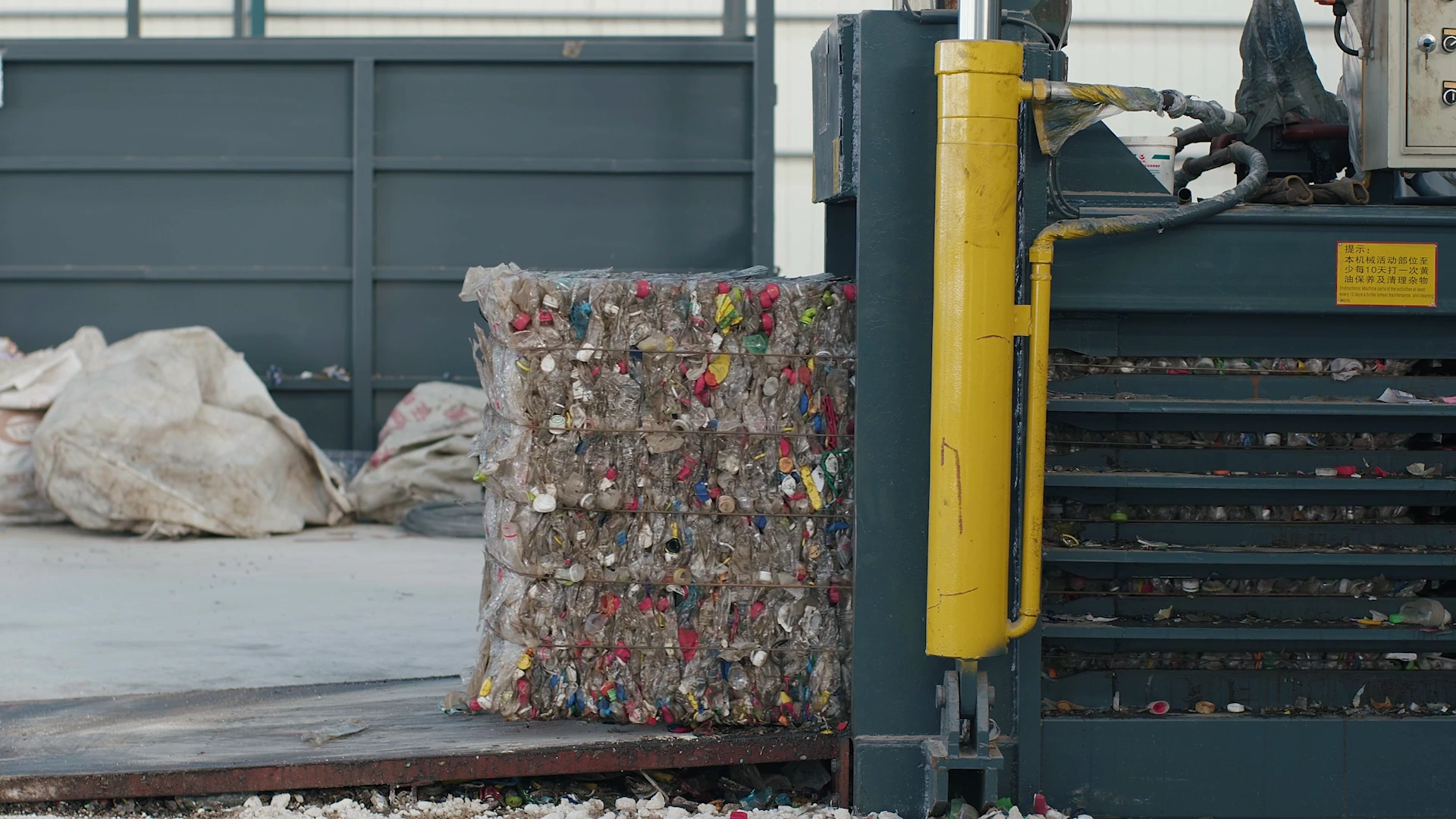 A compressed bale of plastic bottles beside a baling machine. Frame from Ascension.