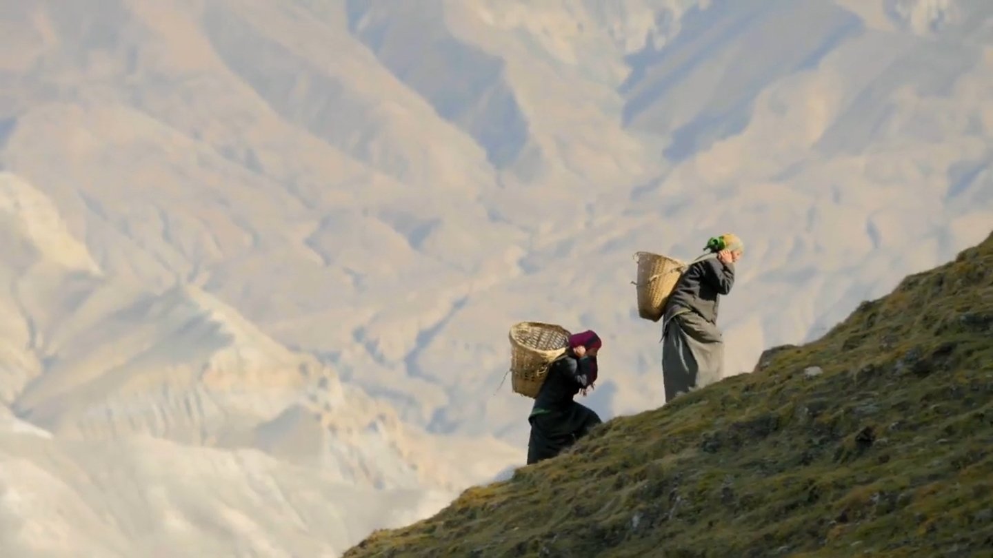 Two people carrying woven baskets uphill. Programme still.
