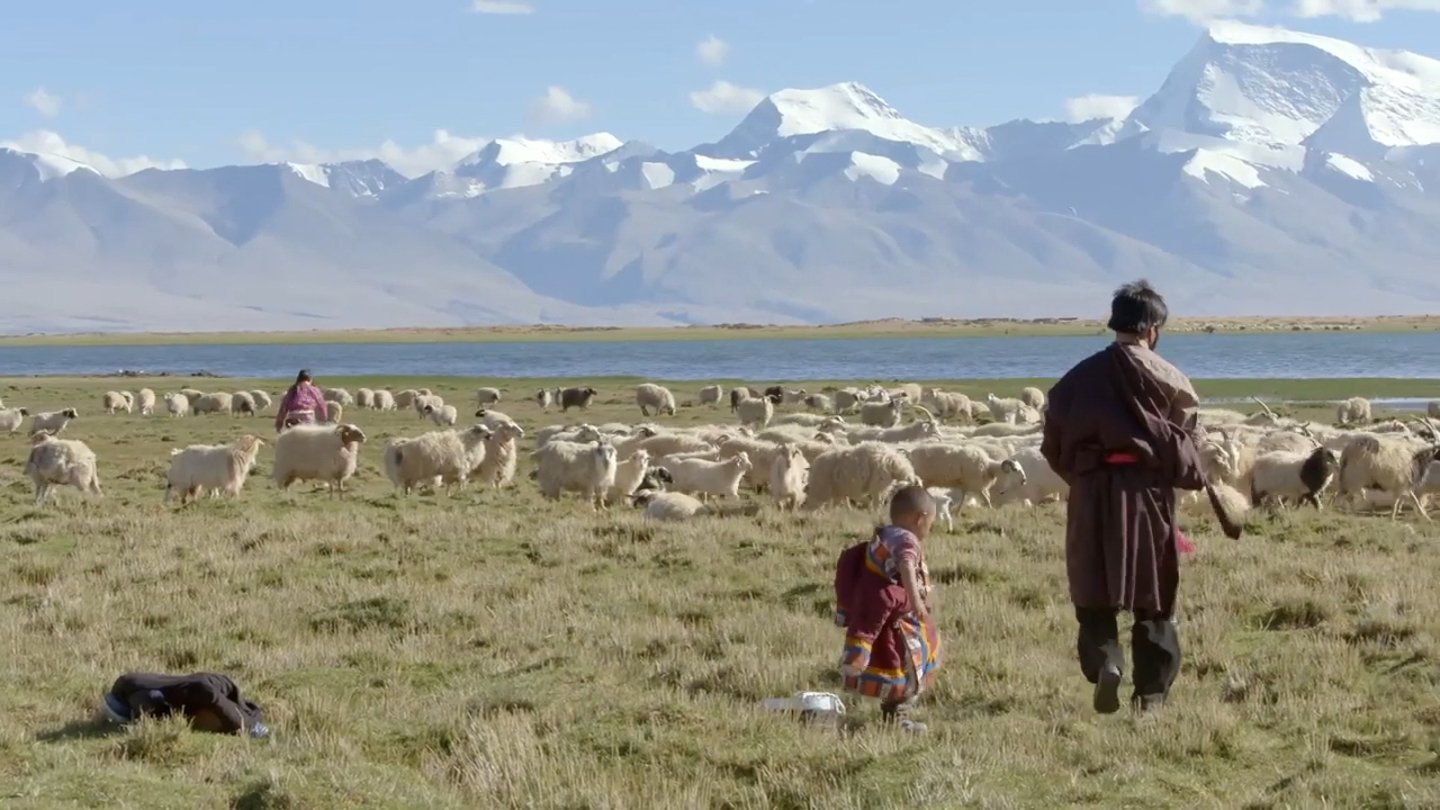 People and a sheep flock beside a lake and mountains. Programme still.