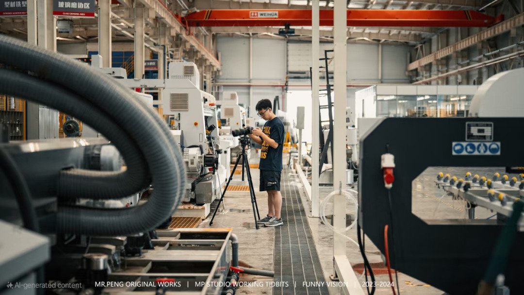 Film crew shooting in a Shanghai factory with industrial equipment in the background.