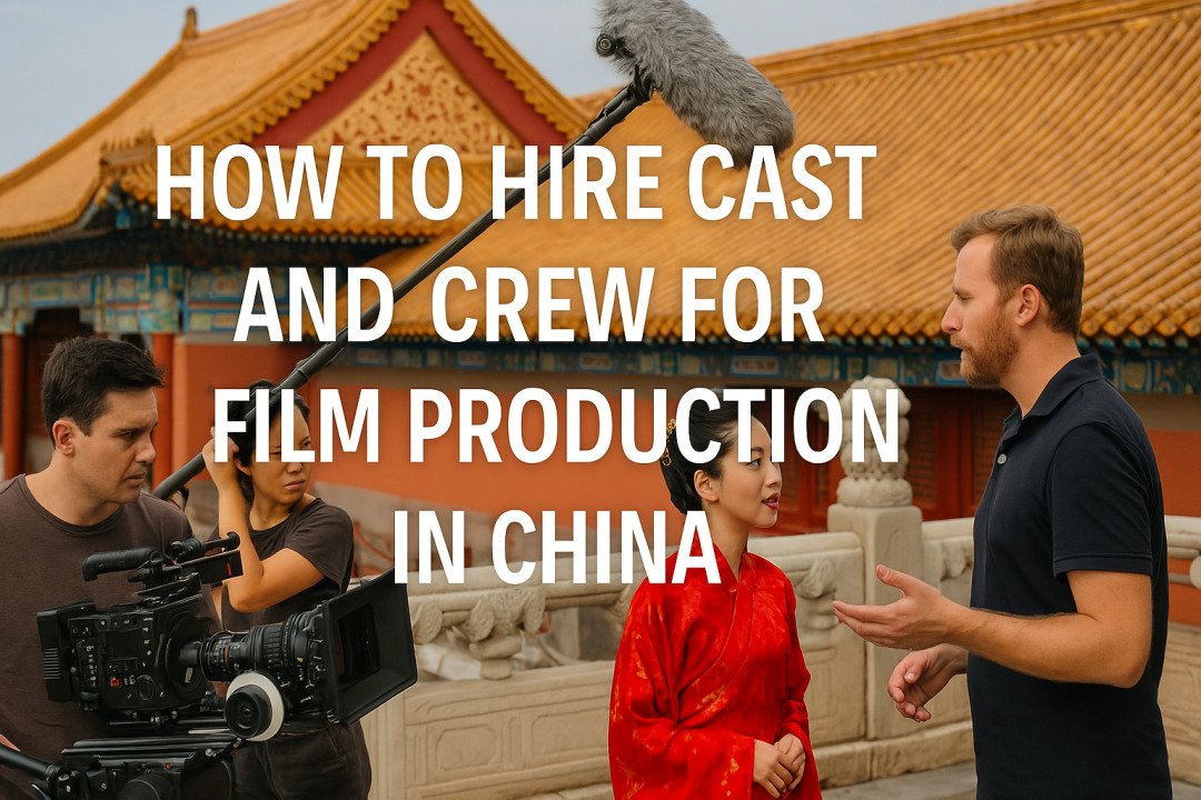 Chinese film crew working on set with traditional architecture in the background
