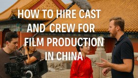 Chinese film crew working on set with traditional architecture in the background