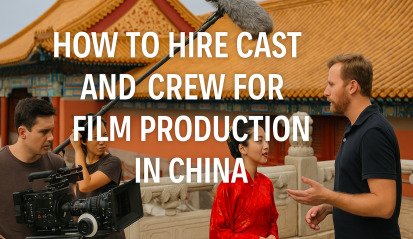 Chinese film crew working on set with traditional architecture in the background