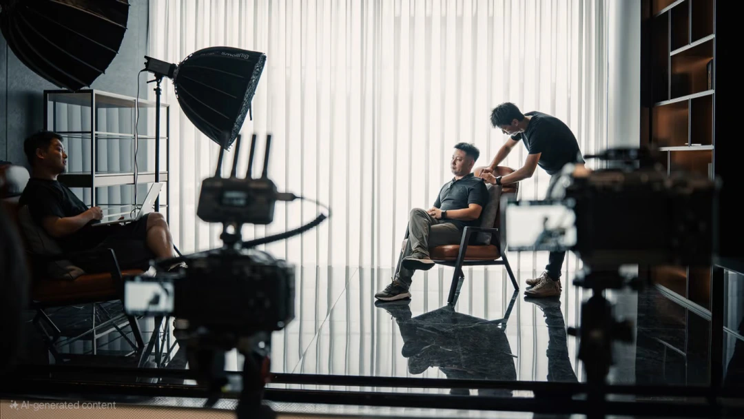 Indoor film production set in Shanghai with lighting and equipment in use.