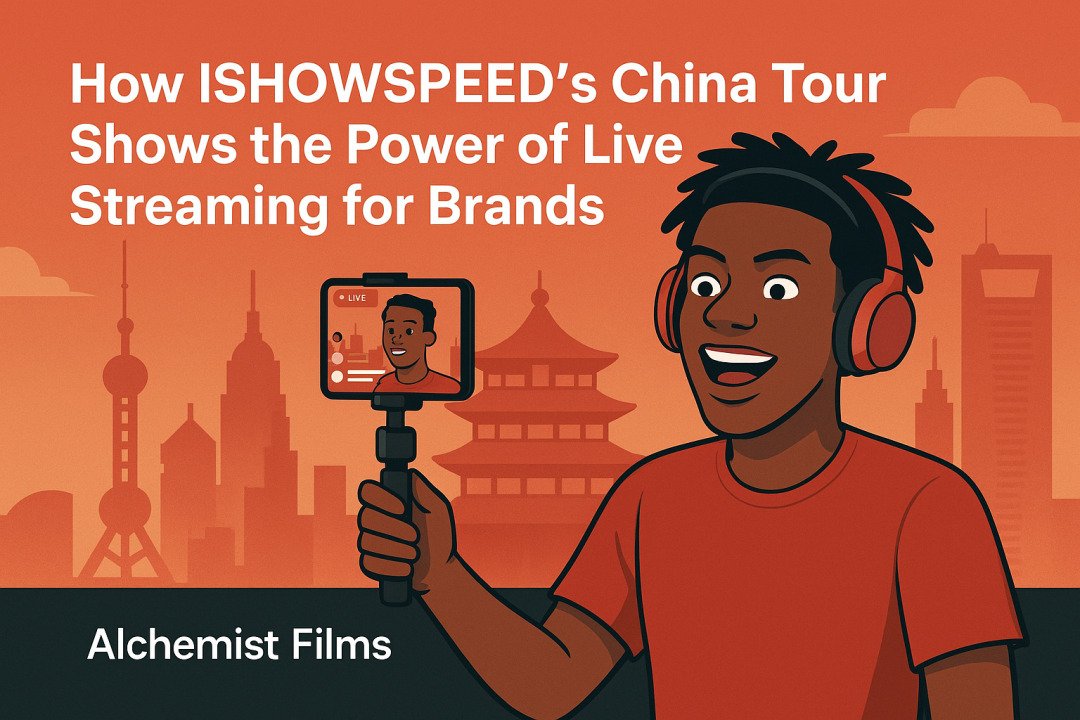 Digital illustration of a Western influencer live streaming in China, with cityscape background, mobile phone, and viewer interaction icons
