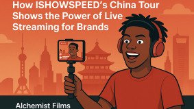 Digital illustration of a Western influencer live streaming in China, with cityscape background, mobile phone, and viewer interaction icons