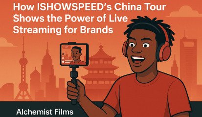 Digital illustration of a Western influencer live streaming in China, with cityscape background, mobile phone, and viewer interaction icons