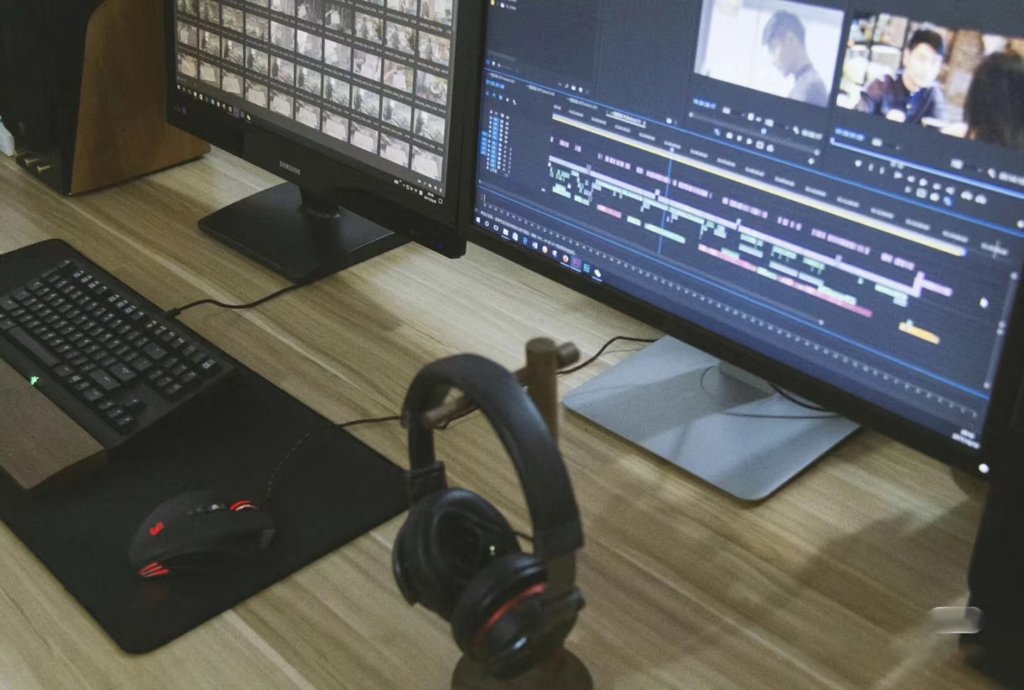 A desktop video editing setup used for sourcing and licensing footage in China